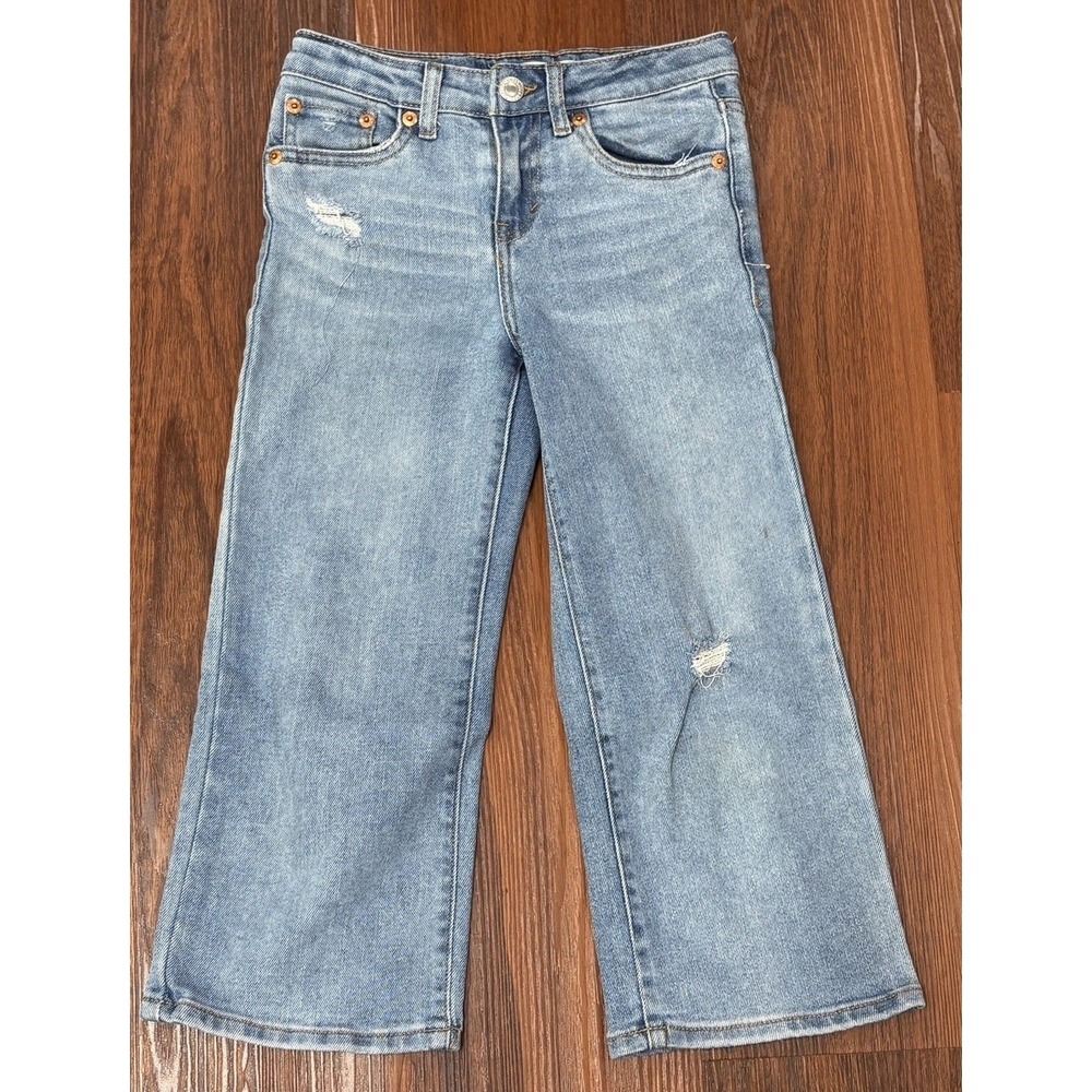 Levis Girls Cropped Wide Leg Jeans Light Wash Ripped Look Size 7 Regular